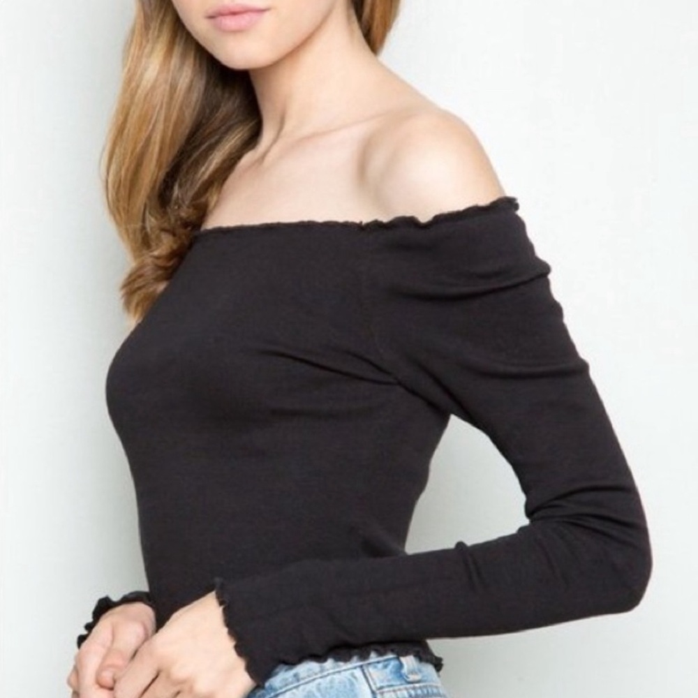 Brandy Melville Black Off the Shoulder Top with Lettuce Hem - Picture 2 of 7